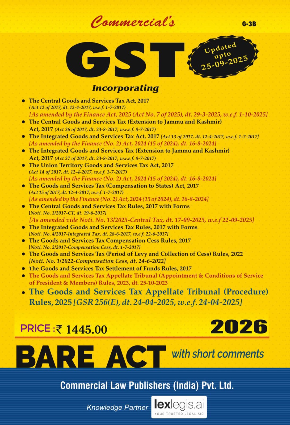 GST Bare Act book cover with text and logos on a yellow and blue background